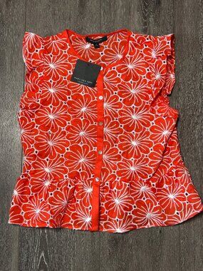 Marc New York Andrew Marc Women Large Tomato Red Floral Eyelet Tie Front Top NWT